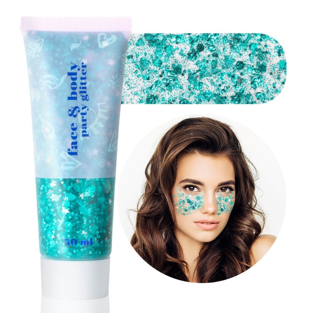 MEICOLY Teal Body Glitter,Mermaid Face Glitter Gel for Halloween Face Paint,Dazzle Green Chunky Glitter for Face Body Eye Lip Hair,Sparkling Holographic Gel Glitter Makeup for Women and Kids