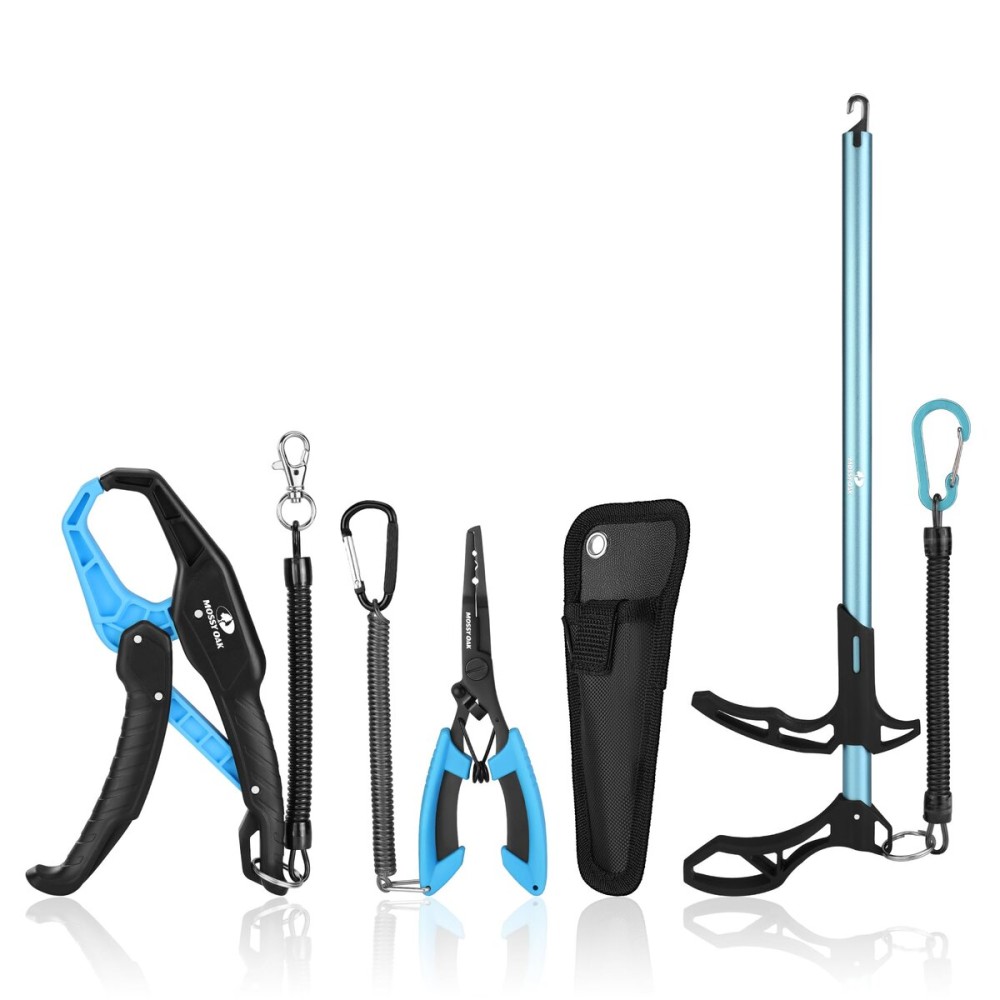 Mossy Oak 3PC Fishing Tools Kit, Fishing Pliers with Sheath, Hook Remover Tool, Fish Lip Gripper, Saltwater Fishing Gear Equipment with Retractable Lanyard, Fly Fishing Gifts for Men, Women, Fisherman