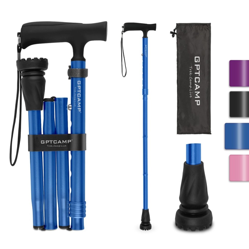 GPTCAMP G2 Walking Stick, Fold-up Walking Cane for Women and Men with Wrist Strap, Portable, Foldable, Collapsible, Lightweight and Sturdy with Comfortable T Handle
