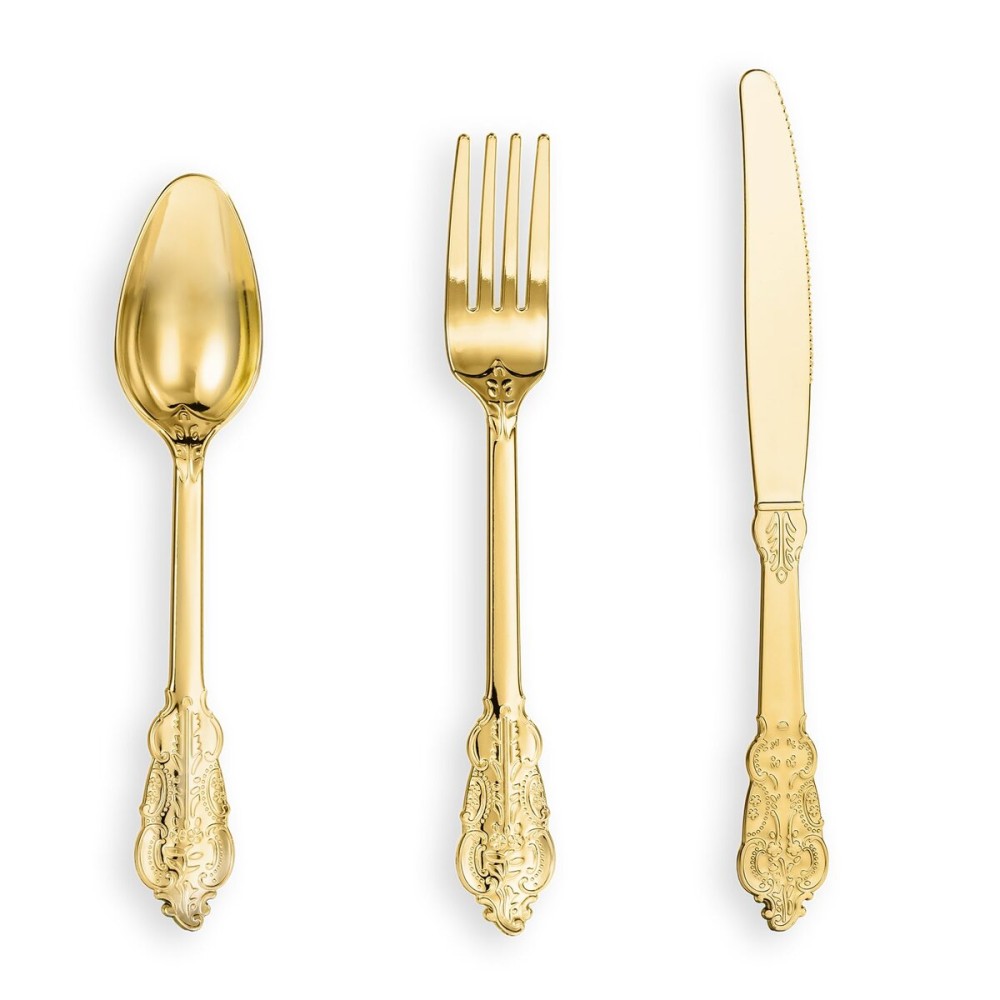 N9R 120PCS Gold Plastic Silverware, Disposable Silverware Include 40 Forks, 40 Spoons, 40 Knives, Gold Cutlery Set Disposable for Party, Wedding and Daily Use