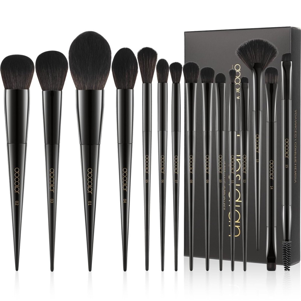 Docolor Makeup Brushes 15Pcs Obsidian Makeup Brush Set Premium Synthetic Powder Kabuki Foundation Contour Blush Concealer Eye Shadow Blending Eyeliner Crease Eyebrow Make Up Brush Kit