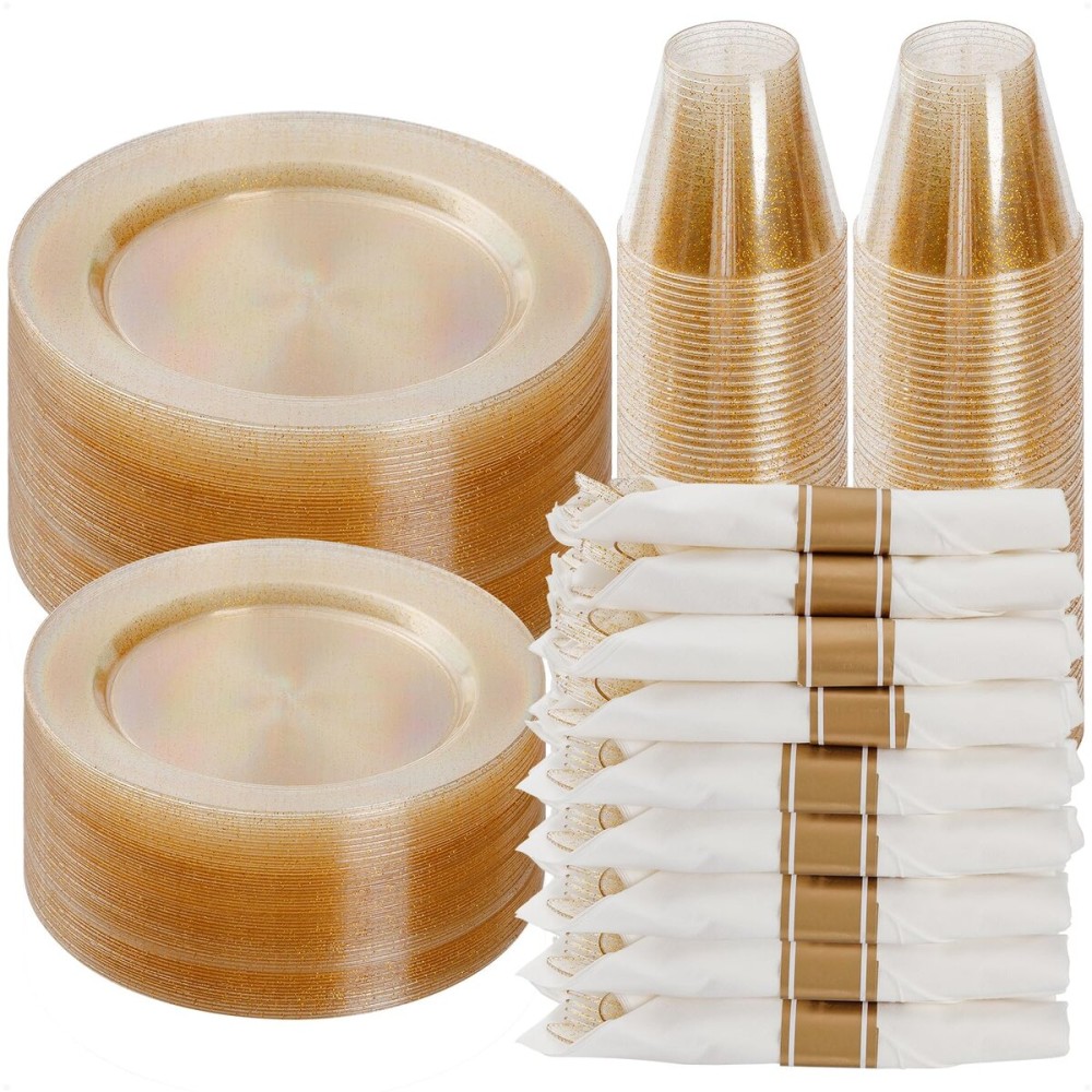 Goodluck 350 Piece Gold Glitter Plastic Dinnerware Set for 50 Guests, Disposable Plates for Party, Include: 50 Dinner Plates, 50 Dessert Plates, 50 Rolled Napkins with Silverware, 50 Cups