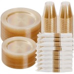 Goodluck 350 Piece Gold Glitter Plastic Dinnerware Set for 50 Guests, Disposable Plates for Party, Include: 50 Dinner Plates, 50 Dessert Plates, 50 Rolled Napkins with Silverware, 50 Cups