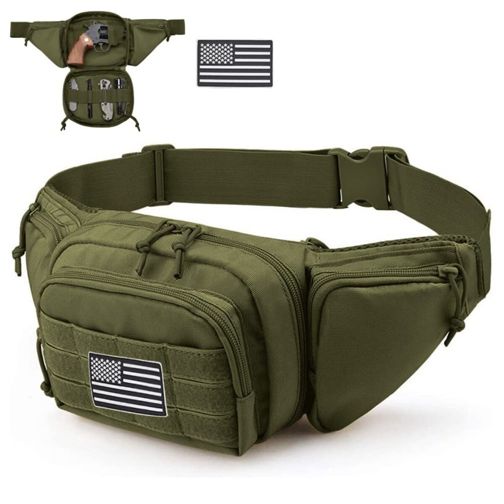 Vdones Tactical Fanny Pack Gun Holster Concealed Carry Pistol Military Tactical Waist Bag Waterproof Molle EDC Pouch with USA Flag Patch (Green)