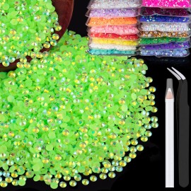 4000pcs 4mm Resin Rhinestones Bulk, Fluorescent Green AB Flatback Round Jelly Rhinestones Non Hotfix Crystal Gems Large Quantity Wholesale for DIY Crafts Clothes Face Makeup Manicure