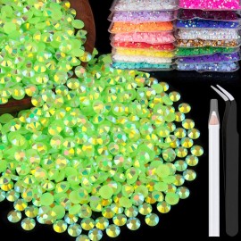 1500pcs 6mm Resin Rhinestones Bulk, Fluorescent Green AB Flatback Round Jelly Rhinestones Non Hotfix Crystal Gems Large Quantity Wholesale for DIY Crafts Clothes Face Makeup Manicure