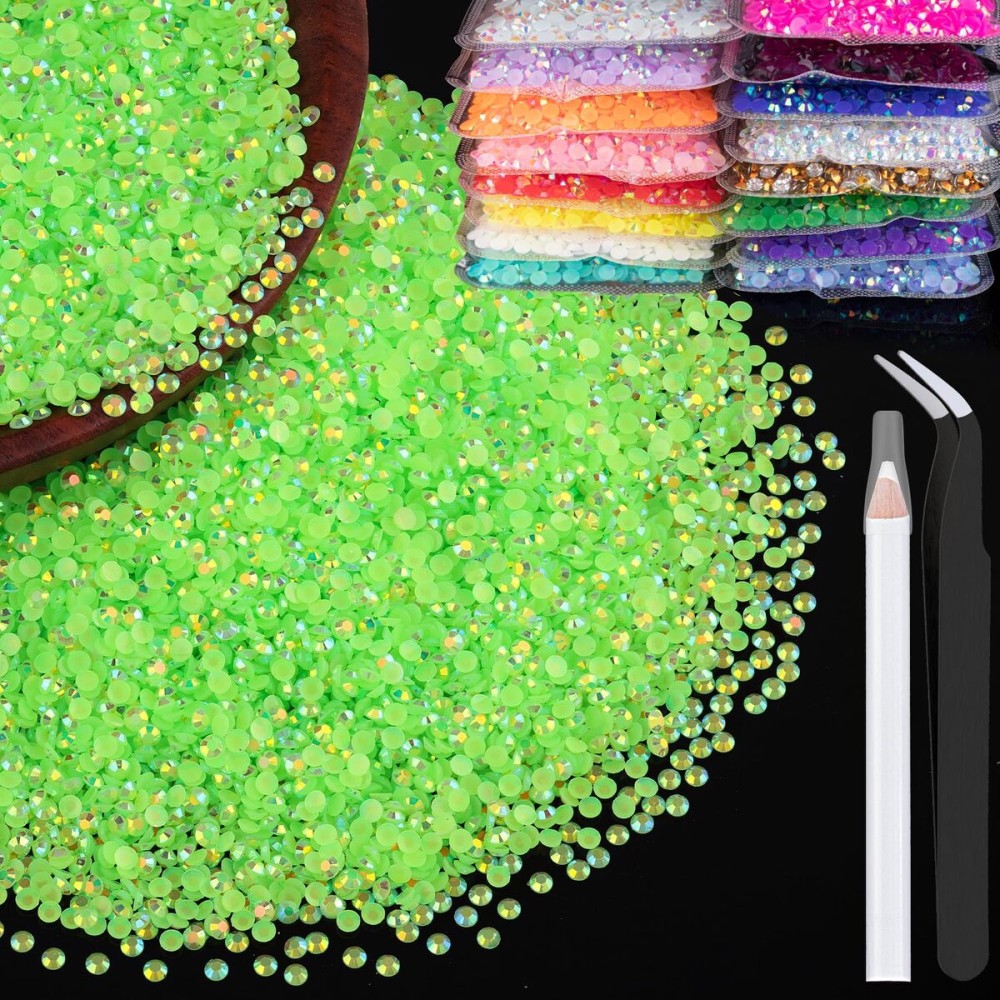 5000pcs 3mm Resin Rhinestones Bulk, Fluorescent Green AB Flatback Round Jelly Rhinestones Non Hotfix Crystal Gems Large Quantity Wholesale for DIY Crafts Clothes Face Makeup Manicure