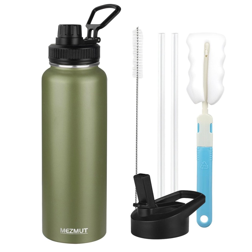 MEZMUT Insulated Water Bottle with Straw&2 Lids 40oz Stainless Steel Water Bottles Sports Metal Water Bottle Double Walled Vacuum Insulated Bottles Cups Leak-Proof Travel Cup (Army Green)