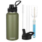 MEZMUT Stainless Steel Water Bottles 32oz Insulated Water Bottle with Straw&3 Lids Double Walled Sports Metal Thermos Water Bottle Cup Leak-Proof Vacuum Insulated Bottles Travel (Army Green)