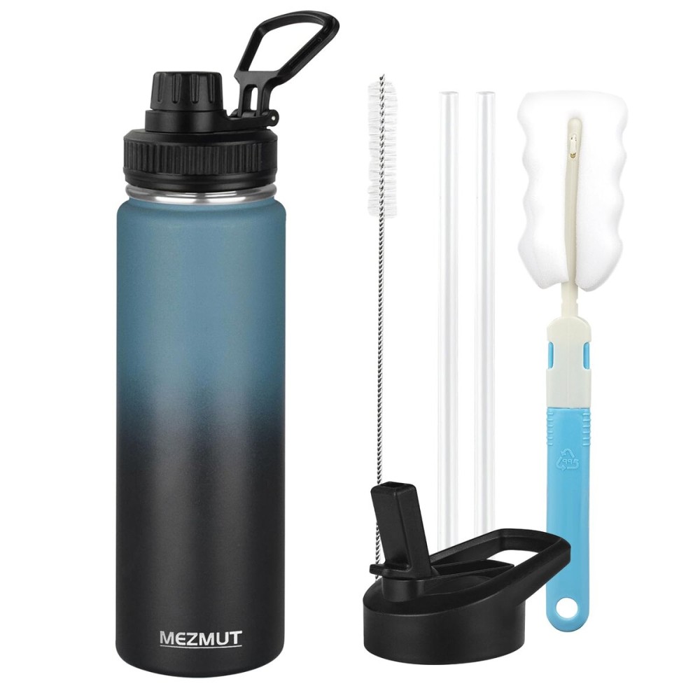 MEZMUT Insulated 24oz Stainless Steel Water Bottle with Straw & 2 Lids - Sports Metal Cup - Double Walled Vacuum Insulated Bottle - Leak-Proof Travel (Gradient Blue Black)