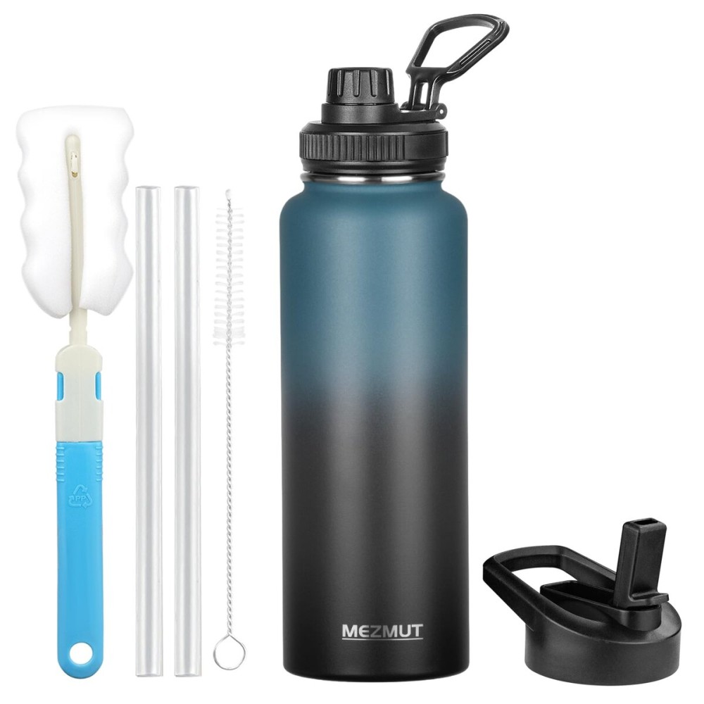 MEZMUT Insulated Water Bottle with Straw&2 Lids 40oz Stainless Steel Water Bottles Metal Water Bottle Double Walled Vacuum Insulated Bottles Cups Leak-Proof Travel Cup (Gradient Blue Black)