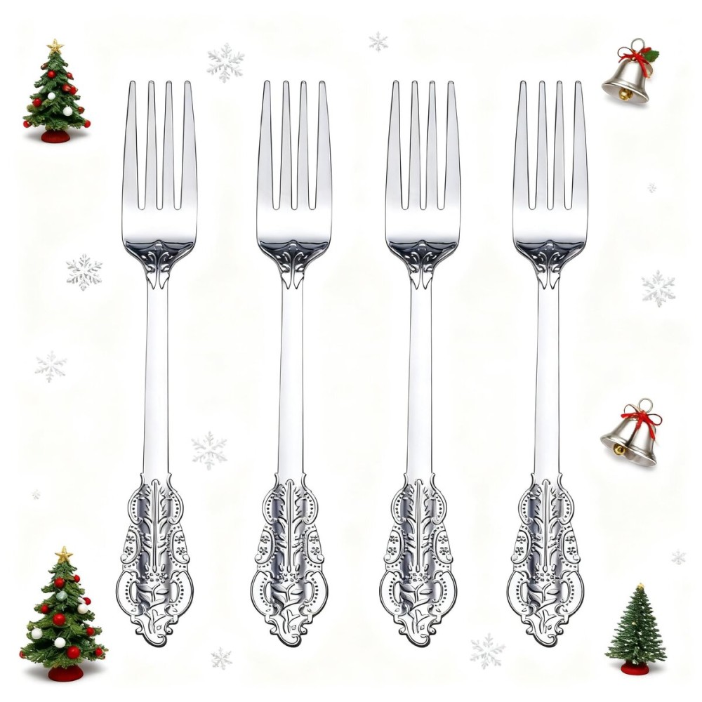 WDF 100 Piece Silver Forks Disposable - 7.48 Inch Silver Plastic Forks - Baroque Silverware for Dessert Cake - Heavy Duty Plastic Fork for Christmas Party, Wedding or Daily Using