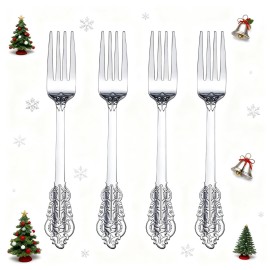 WDF 100 Piece Silver Forks Disposable - 7.48 Inch Silver Plastic Forks - Baroque Silverware for Dessert Cake - Heavy Duty Plastic Fork for Christmas Party, Wedding or Daily Using