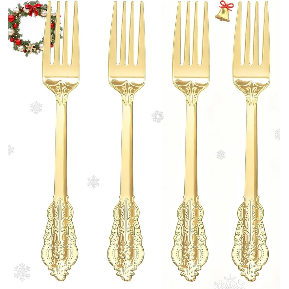 WDF 100 Piece Gold Forks Disposable - 7.48 Inch Gold Plastic Forks - Baroque Plastic Silverware for Dessert Cake - Heavy Duty Thanksgiving for Party, Wedding or Daily Using