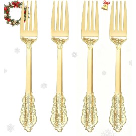 WDF 100 Piece Gold Forks Disposable - 7.48 Inch Gold Plastic Forks - Baroque Plastic Silverware for Dessert Cake - Heavy Duty Thanksgiving for Party, Wedding or Daily Using