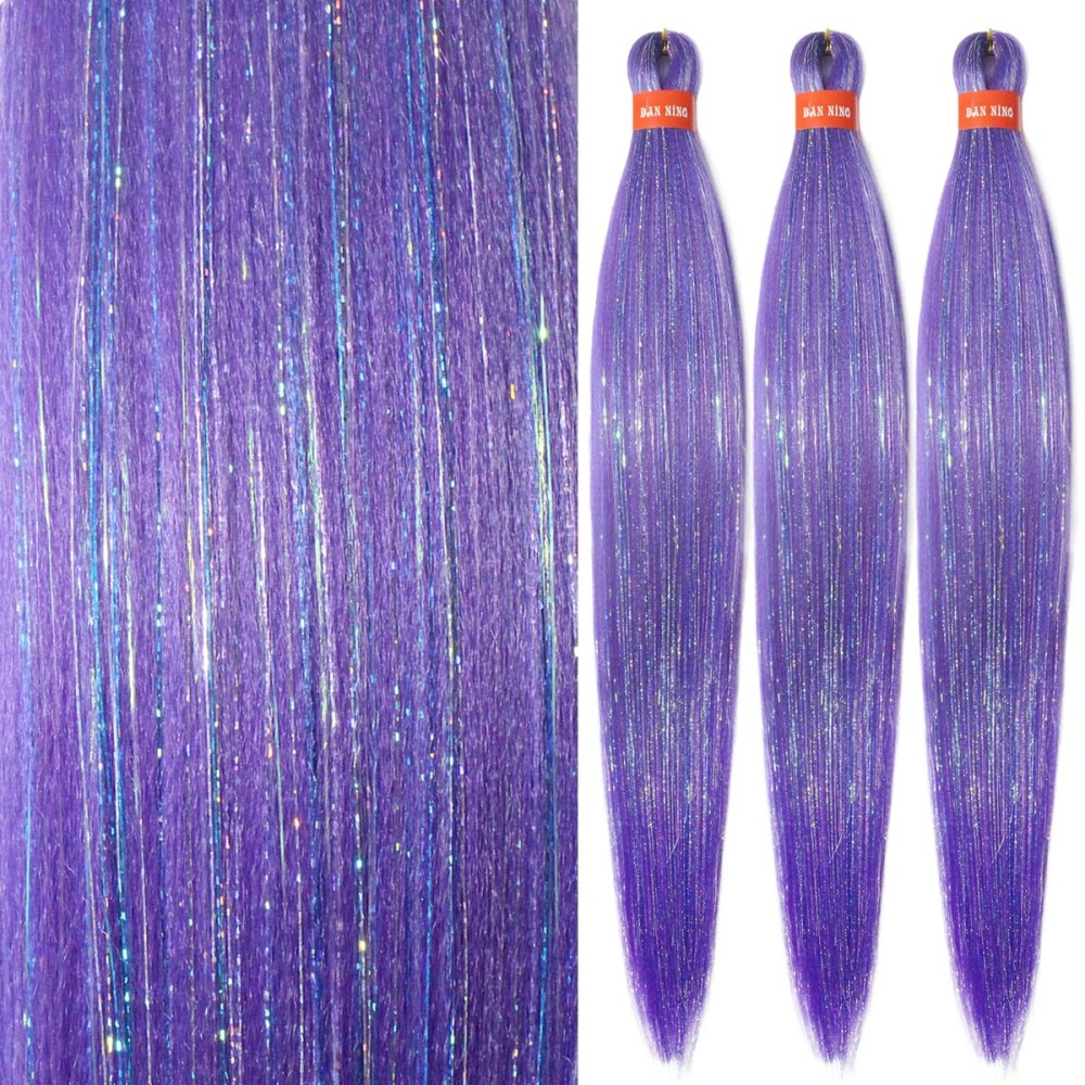 Purple Pre Stretched Braiding Hair with Tinsel Glitter 30 Inch Box Braid Hair Extensions Shinny 3 Packs Yaki Texture Pre Feathered Festival Braids Hair