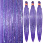 Purple Pre Stretched Braiding Hair with Tinsel Glitter 30 Inch Box Braid Hair Extensions Shinny 3 Packs Yaki Texture Pre Feathered Festival Braids Hair