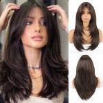 Allbell Black Brown Wigs with Bangs Long Layered Wigs for Women Heat Resistant Syntehtic Natural Hair Wigs