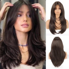 Allbell Black Brown Wigs with Bangs Long Layered Wigs for Women Heat Resistant Syntehtic Natural Hair Wigs