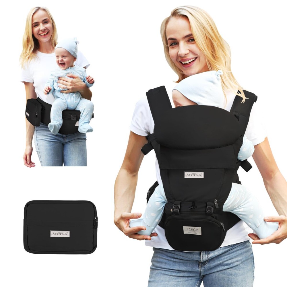 FRUITEAM Baby Carrier Newborn to Toddler, Safety-Certified Waist Stool with Hip Seat, Ergonomic 6-in-1 Baby Carrier with Head Support, Adjustable & Removable Baby Holder for All Seasons, Black