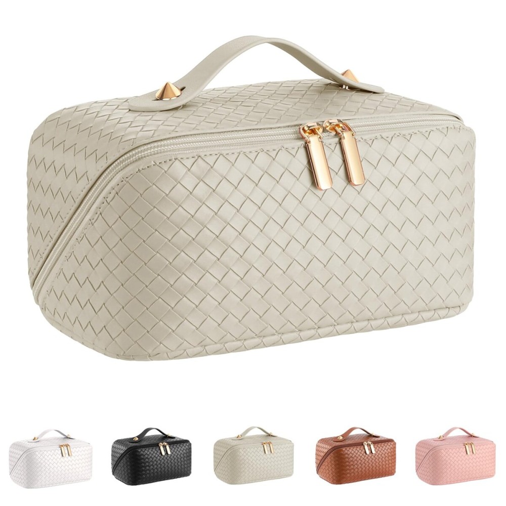 Large Capacity Travel Cosmetic Bag - PU Leather Makeup Organizer Bag Portable Woven Makeup Bags for Women Waterproof Travel Toiletry Bag with Divider Pouch, Khaki