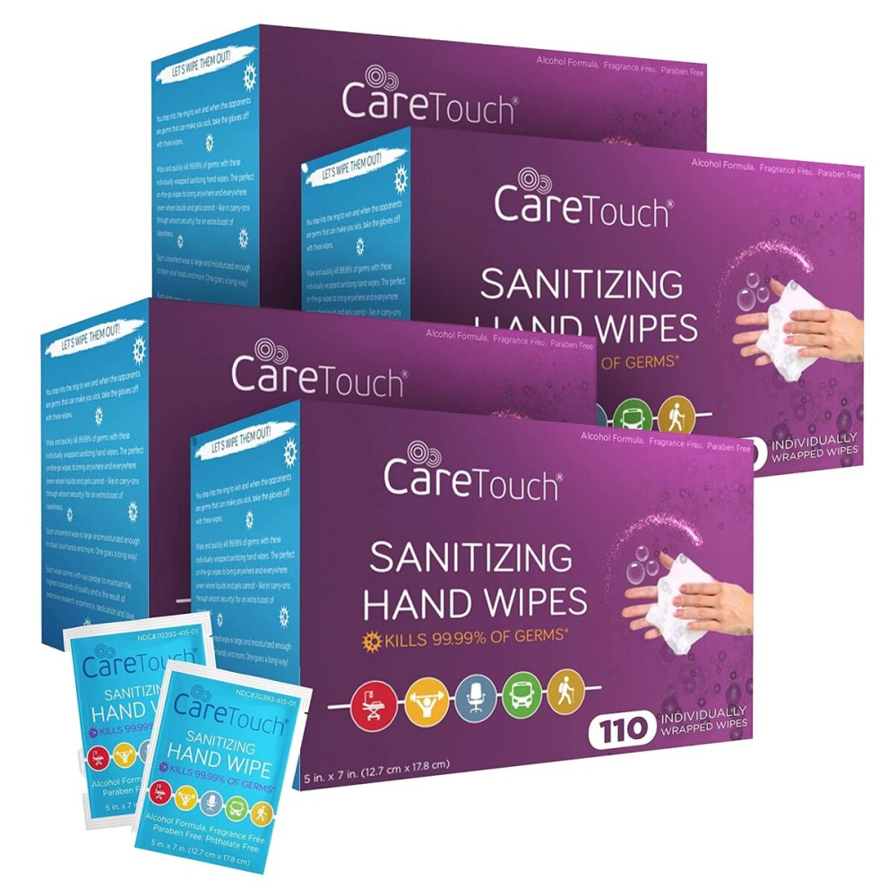 Care Touch Hand Sanitizer Wipes - 440 Individually Wrapped Packets (Box of 4, 110 Wipes Each)