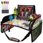 Lusso Gear Kids Car Seat Travel Tray - Dry-Erase Tablet Holder for Road Trip Activities - Cup Holder & Storage for Toddler Travel Essentials - Plane Activity Tray for Airplane Essentials - Dinos