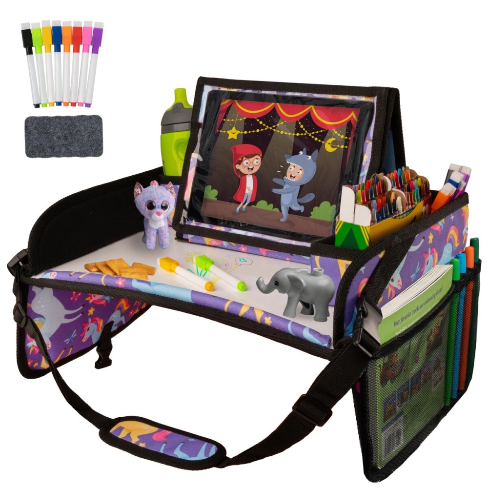 Lusso Gear Kids Travel Tray for Car - Road Trip Essentials for Kids - Car Seat Tray for Toddlers & Kids - for Airplane, Kids Travel Desk, Road Trip Activities (Purple Unicorns)