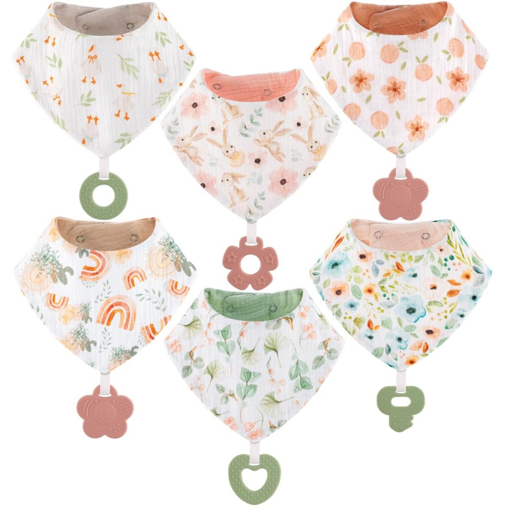 Muslin Baby bibs 6-Pack and Teething Toys 6-Pack Made with 100% Organic Cotton, Absorbent and Soft For Baby girl