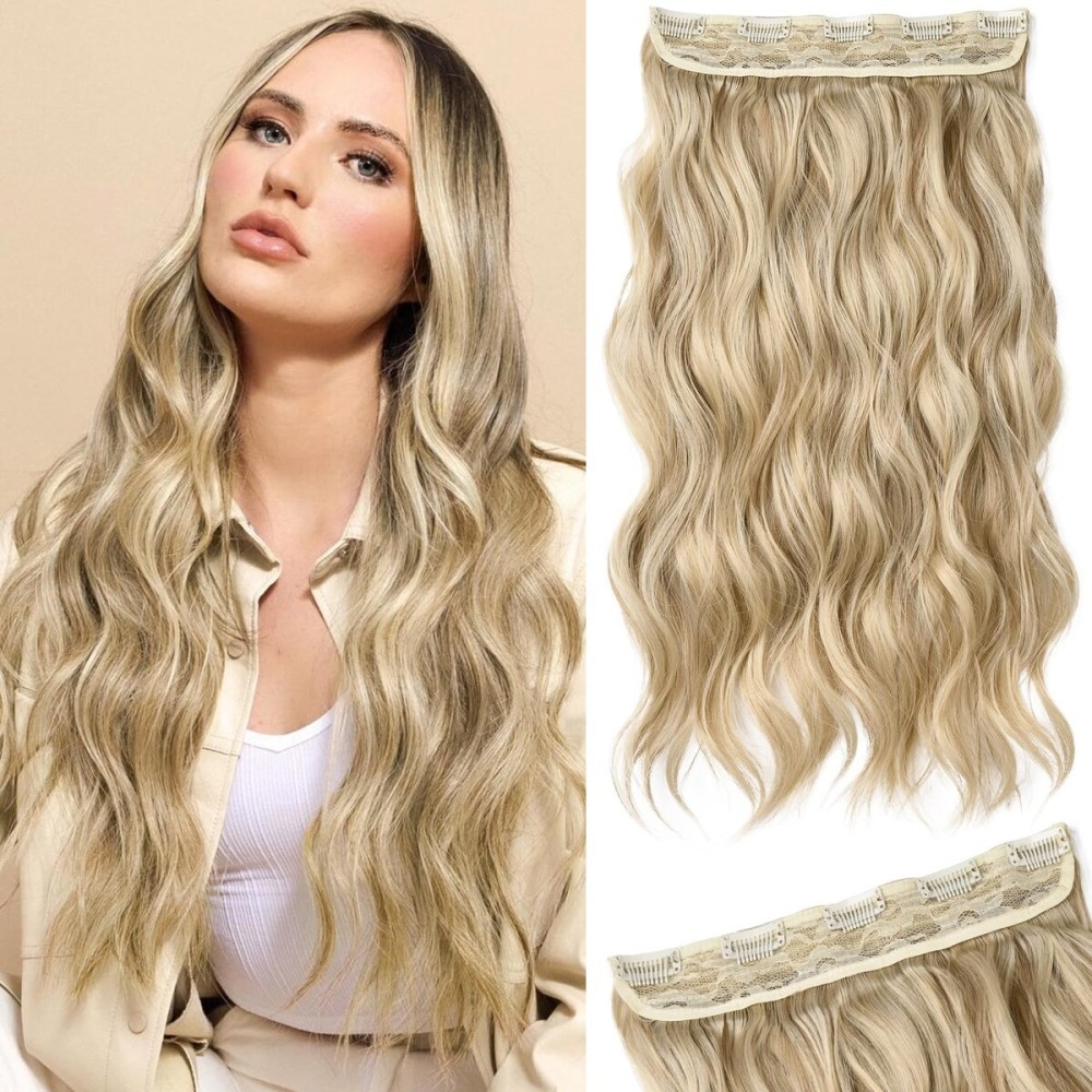 REECHO Clip in Hair Extensions, 20 One Piece Hair Extension Clip in Wefts Long Thick Beach Wavy Natural Soft Synthetic Hairpieces for Women, Dark Ash Blonde