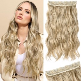 REECHO Clip in Hair Extensions, 20 One Piece Hair Extension Clip in Wefts Long Thick Beach Wavy Natural Soft Synthetic Hairpieces for Women, Dark Ash Blonde