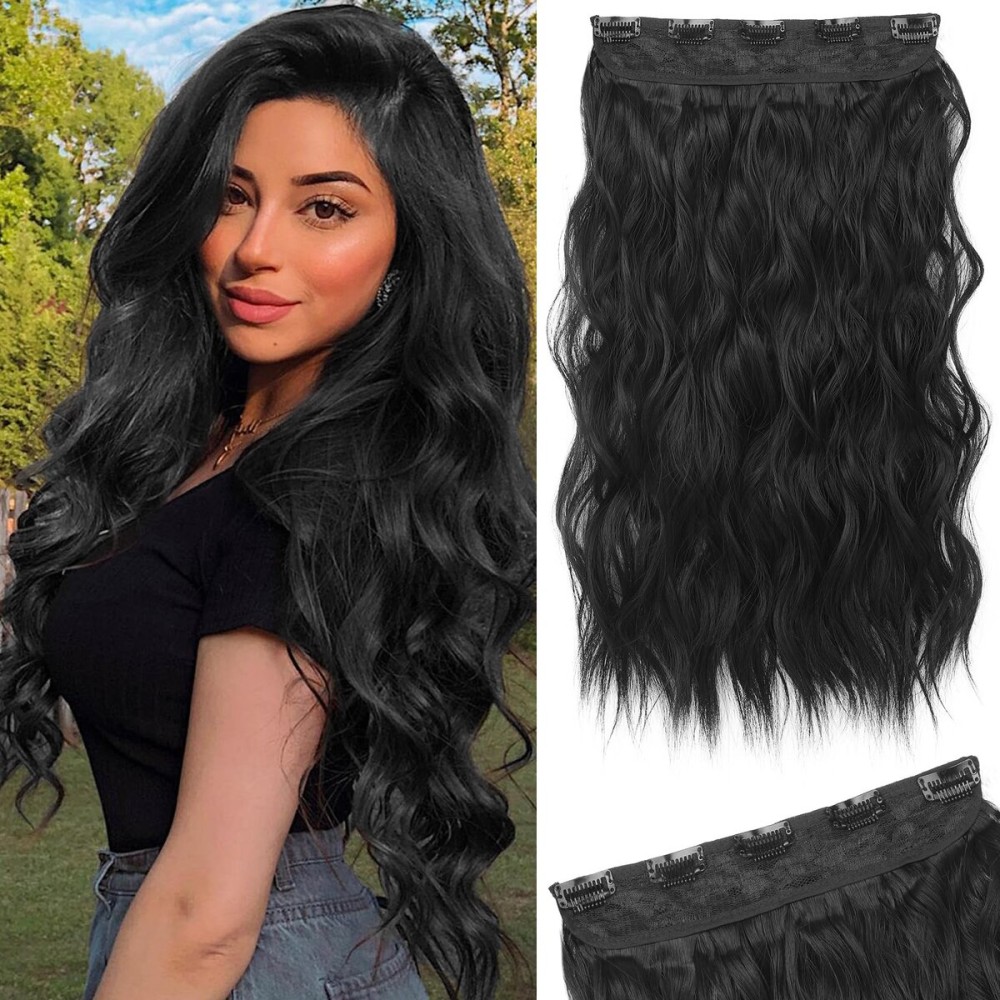 REECHO Black Hair Extensions, 20 Single Piece Clip in Hair Extensions Thick Long Beach Wavy Natural Soft Synthetic Hairpieces for Women, Natural Black