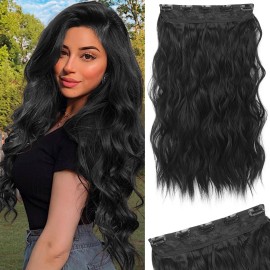 REECHO Black Hair Extensions, 20 Single Piece Clip in Hair Extensions Thick Long Beach Wavy Natural Soft Synthetic Hairpieces for Women, Natural Black