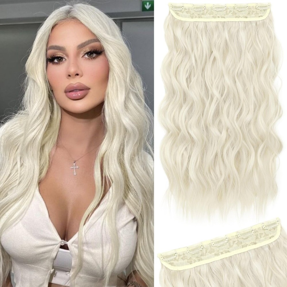 REECHO Blonde Hair Extensions, 20 One Piece Clip in Hair Extensions Thick Long Beach Wavy Natural Soft Synthetic Hairpieces for Women, Platinum Blonde