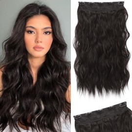 REECHO Clip in Hair Extensions, 20 One Piece Hair Extension Clip in Wefts Long Thick Beach Wavy Natural Soft Synthetic Hairpieces for Women, Black Brown