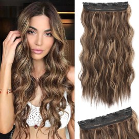 REECHO Clip in Hair Extensions, 20 One Piece Hair Extension Clip in Wefts Long Thick Beach Wavy Natural Soft Synthetic Hairpieces for Women, Chocolate Brown with Blonde Highlights