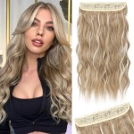 REECHO Clip in Hair Extensions, 20 One Piece Hair Extension Clip in Wefts Long Thick Beach Wavy Natural Soft Synthetic Hairpieces for Women, Medium Blonde with Highlights