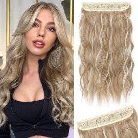 REECHO Clip in Hair Extensions, 20 One Piece Hair Extension Clip in Wefts Long Thick Beach Wavy Natural Soft Synthetic Hairpieces for Women, Medium Blonde with Highlights