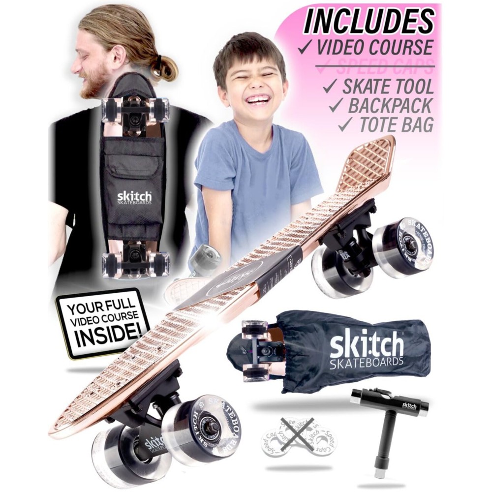 SKITCH Complete Skateboard Gift Set for All Ages | 22 x 6 Chrome Mini Cruiser Board + Skateboard Backpack + ABEC 9 Bearings + Skate Tool + Tote Bag | Skateboards for Kids and Teens (Rose Gold)
