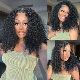 omswet Curly BOB Wig Human Hair 200 Density 5x5 HD Lace Closure Deep Wave Wigs for Black Women Glueless Wear and Go Pre Plucked Deep Wave Wet and Wavy Glueless Wigs Human Hair Natural Black 16 Inch