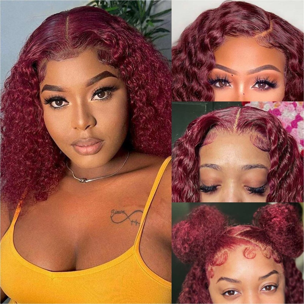 omswet Curly BOB Wig Human Hair 200 Density 5x5 HD Lace Closure Deep Wave Wigs for Black Women Glueless Wear and Go Pre Plucked Deep Wave Wet and Wavy Glueless Wigs Human Hair Burgundy 12 Inch