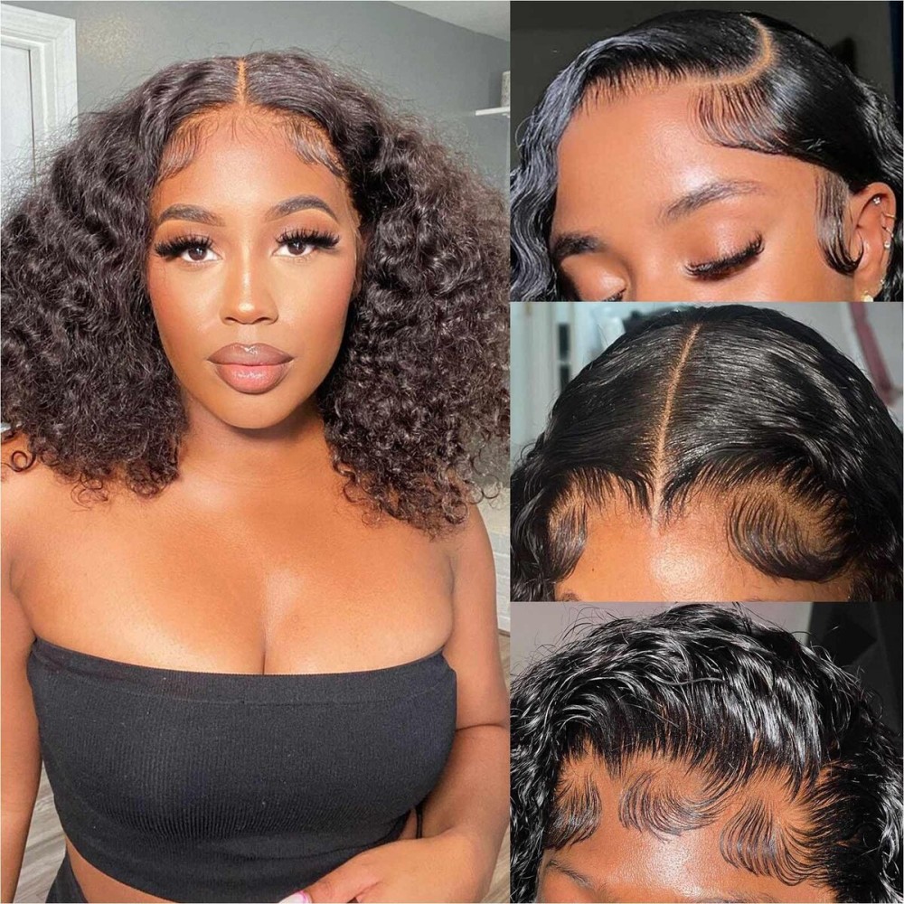 omswet Curly BOB Wig Human Hair 200 Denaity 13x6 HD Lace Front Deep Wave Wigs for Black Women Glueless Wear and Go Pre Plucked Deep Wave Wet and Wavy Glueless Wigs Human Hair Natural Color 12 Inch