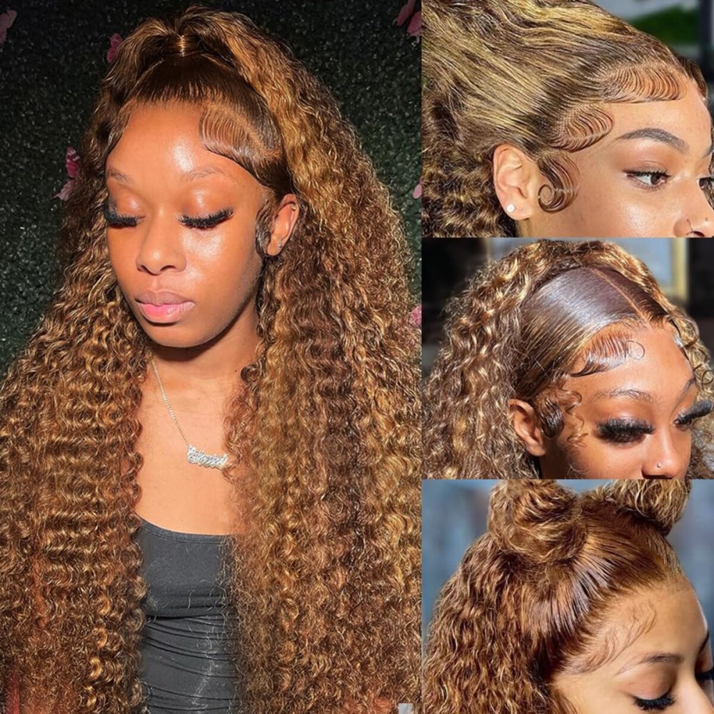 bangjazz 26 Inch Highlight Ombre Lace Front Wig Human Hair Deep Wave 13x4 HD Lace Frontal Wigs Human Hair 180% Density P4/27 Colored Curly Wigs for Women Glueless Pre Plucked Wig