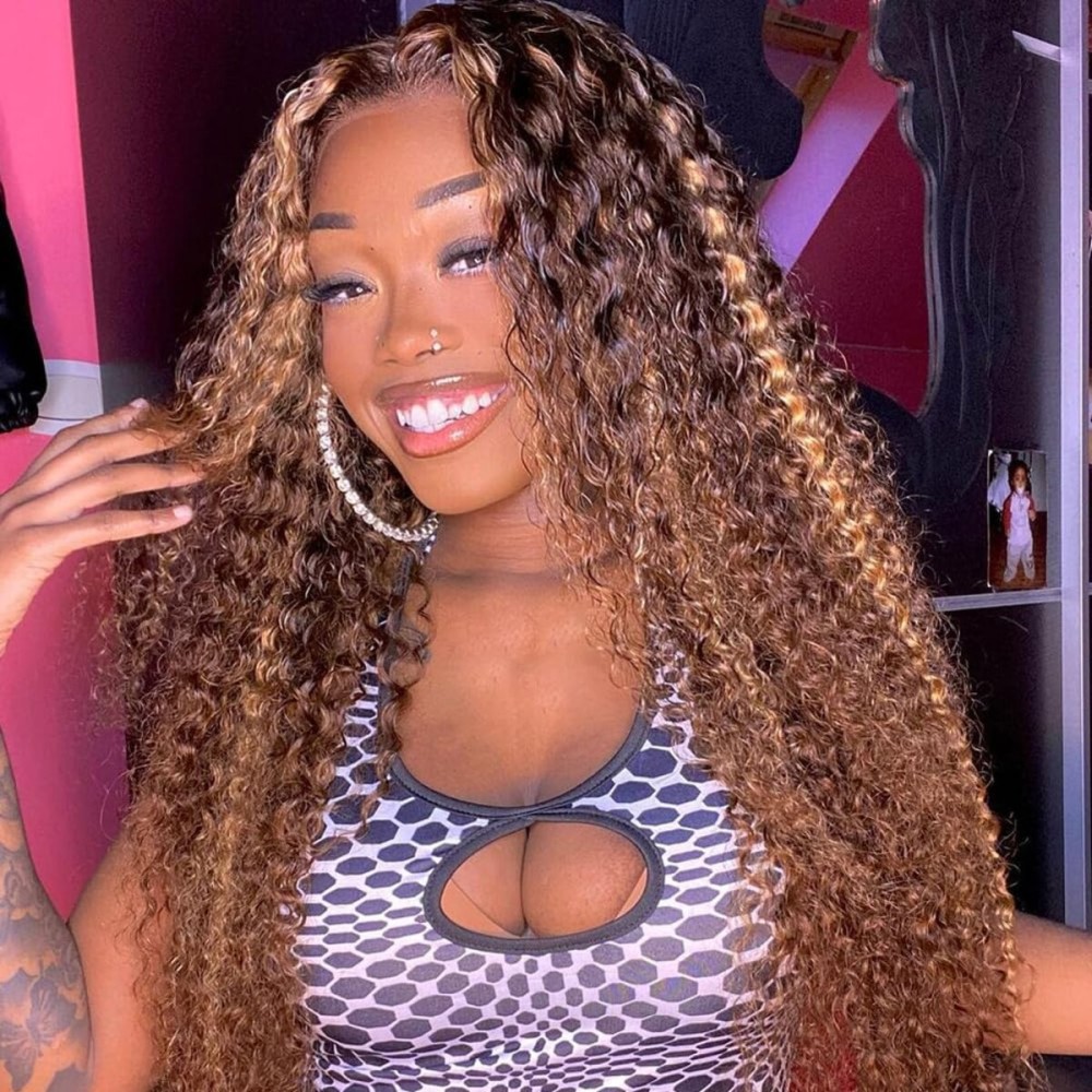 Bangjazz 13x4 Deep Wave Lace Front Wigs Highlight Ombre Human Hair 180% Density P4/27 Colored Glueless Curly Wigs for Black Women 18 Inch
