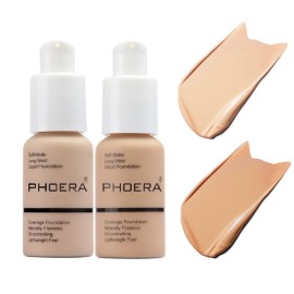 2 Pack PHOERA Foundation 102 Nude and 104 Buff Beige,Soft Matte Oil Control Liquid Foundation.