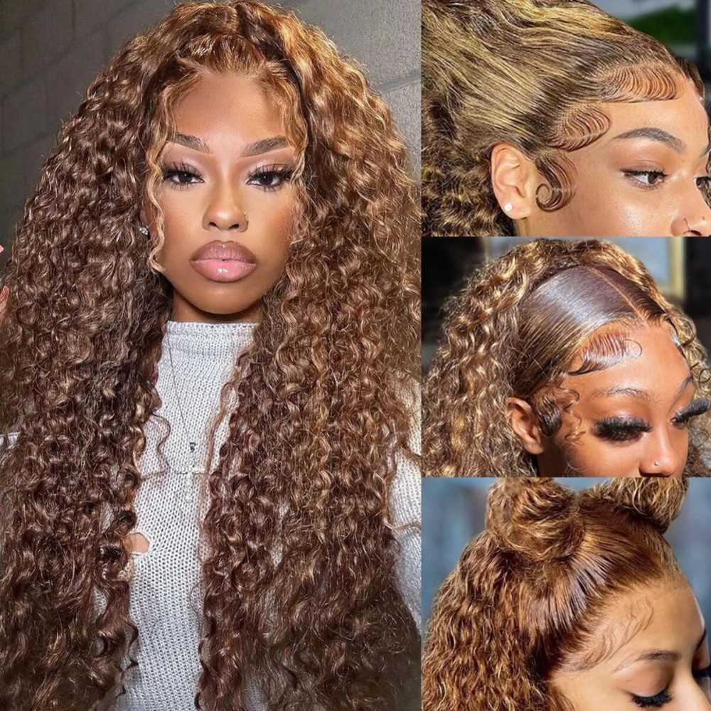 bangjazz 13x4 Deep Wave Lace Front Wigs Human Hair Highlight Ombre 13x4 HD Transparent Lace Frontal Wigs Human Hair 180% Density P4/27 Colored Glueless Curly Wigs for Black Women 20 Inch