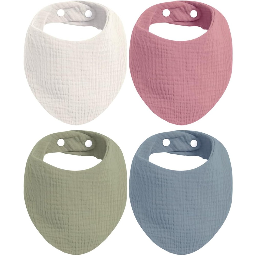 KiddyCare Organic Muslin Baby Bibs for Girls Boys 0-6 Months | Baby Bandana Bibs, Super Soft for Drooling and Teething, Muslin Bib, 4-Color Pack
