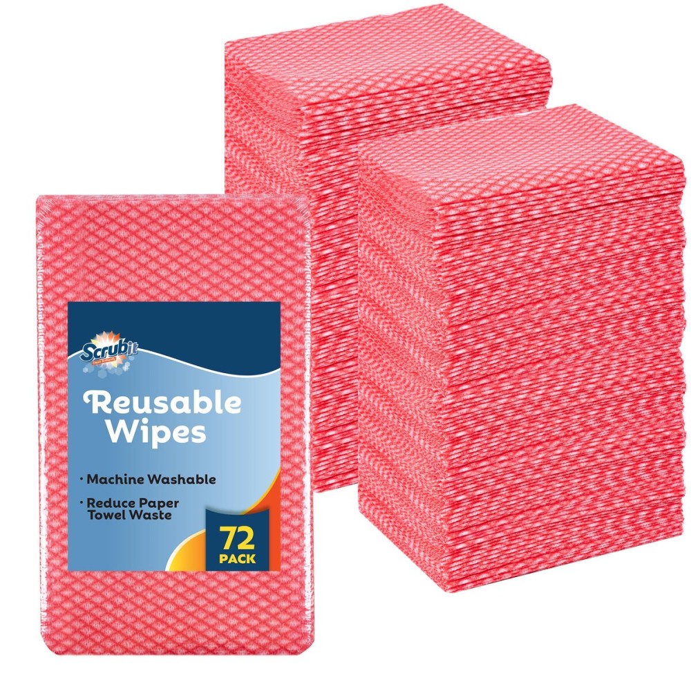SCRUBIT Reusable Cleaning Wipes, Handy Wipes for Kitchen and Office - Dish Cloths for Washing Dishes - Multi Purpose Disposable Cleaning Towels (12 x 20 in) 72 Pack (Red)