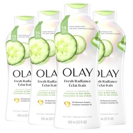 Olay Body Wash for Women, Fresh Radiance, Refreshing & Renewing, Made with Plant Based Cleansers, B3 Botanical Complex, For All Skin Types, Cucumber & Aloe Water Scent, 22 fl oz (Pack of 4)