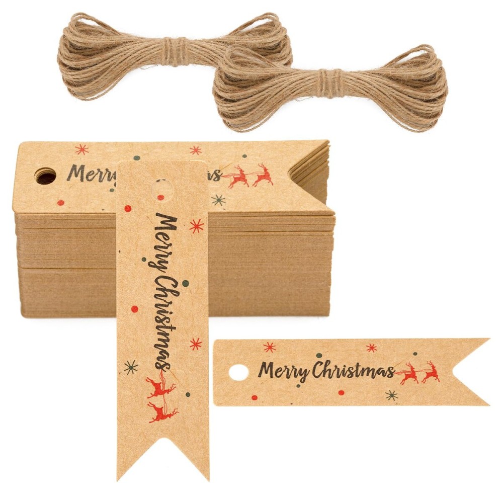 G2PLUS Small Merry Christmas Tags - 100Pcs Deer Kraft Paper Gift Tags with String for Gift Wrapping, Goodies Bags, Christmas Holiday Party Favors(2.8\'\'x0.8\'\')
